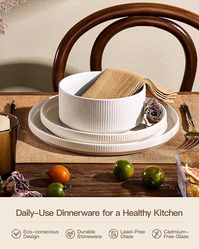 24-Piece Dinnerware Set for 8, Famiware Premium Stoneware Dish Set with Ribbed Plates and Deep Bowls, Double Reactive Glaze, Chip & Scratch Resistant, Microwave & Dishwasher Safe, Matte Reactive White