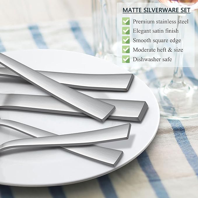 Herogo 60-Piece Matte Silverware Set for 12, Stainless Steel Square Flatware Cutlery Set, Tableware Eating Utensils Include Knife Spoon Fork, Satin Finish, Dishwasher Safe
