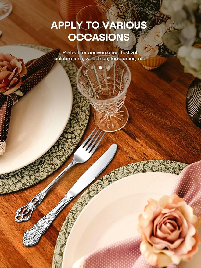 Stapava 40 Pcs Gorgeous Retro Royal Silverware Set, Stainless Steel Cutlery Flatware Set for 8, Include Forks Spoons and Knives set, Dishwasher Safe Utensils Set, Mirror Polished