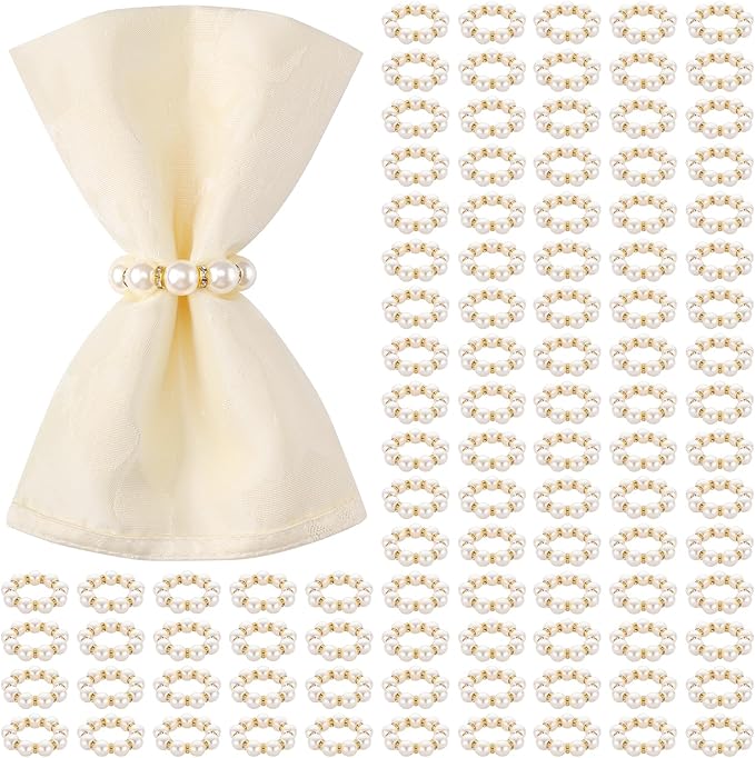 Suream 100 Pcs Napkin Rings Gold, Imitation Pearl Beaded Napkin Ring for Wedding Dinner Party Kitchen Table Birthday Decoration(White&Gold, 2 Inch)