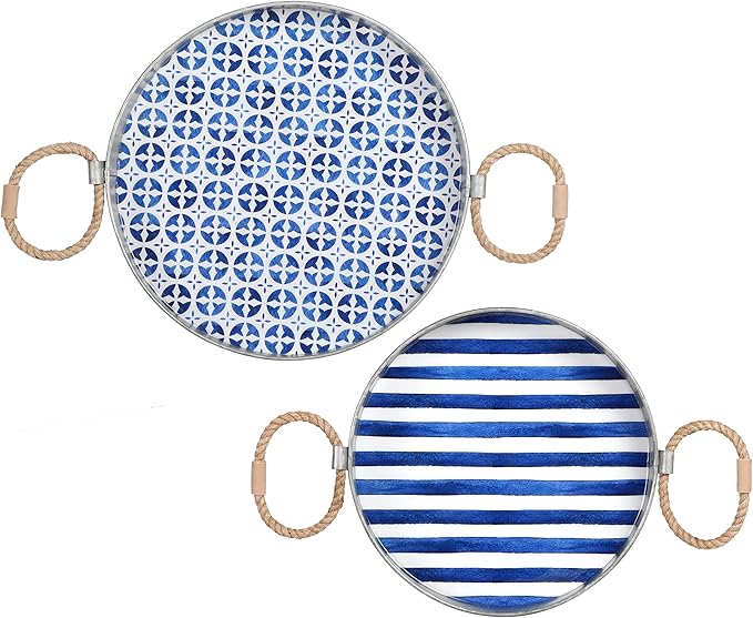 Round Serving Tray – Santorini Collection Set of 2 Decorative Trays – Blue and White Ottoman Tray with Natural Jute Handles – Galvanized Iron Trays for Coffee Table, Liquor Display, Decor