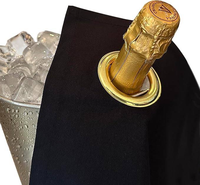 Classic Collection, Bottle Cloth with Metal Ring for Ice Buckets, Cotton, 42 cm, Corner Hole (Black with Gold Metal Ring, Pack of 25)