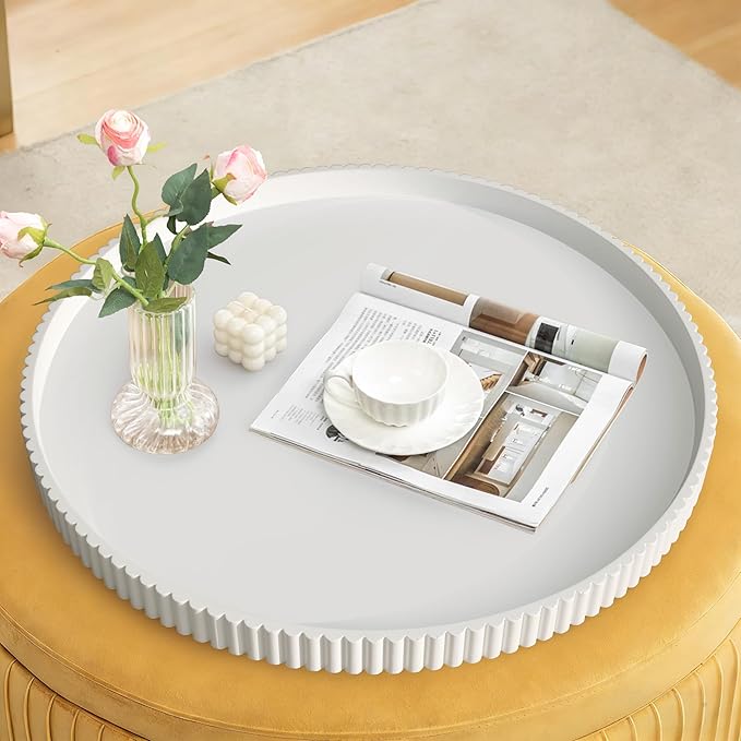 24" Round Extra Large Ottoman Serving Tray - Rustic Wooden Table Tray for Farmhouse Decorative Oversized Coffee Table Trays Living Room Kitchen Counter Breakfast White