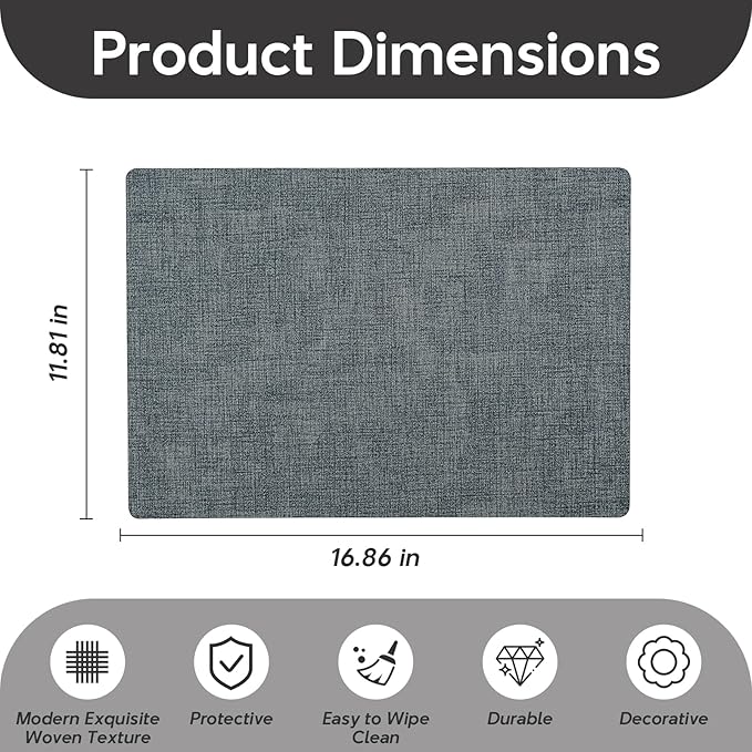 Vinyl Placemats Set of 4 - Faux Leather 100% Waterproof Oil-Proof Wipeable PU Place Mats, Heat Resistant Reversible Table Mats for Kitchen, Dining, Outdoor (Gray Blue)