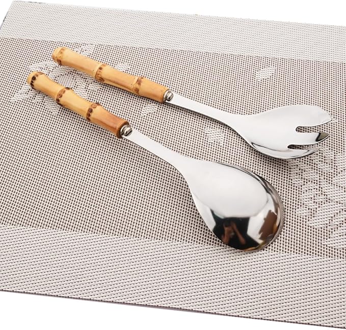 Gugrida Flatware Silverware Serving Set Silver Stainless Steel Hostess Serving Utensil Set with Bamboo Handle Dishwasher Safe, 2 Serving Spoon 2 Serving Fork