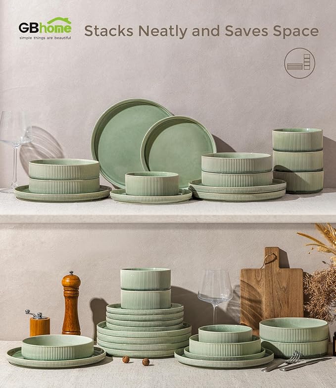 GBHOME 24-Piece Stoneware Dinnerware Set for 8 – Ribbed Ceramic Plates and Bowls, Scratch-Resistant, Microwave & Dishwasher Safe, Reactive Glaze, Light Green