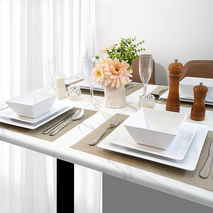 TP 12-Piece Dinnerware Set, Melamine Dishes Set with Bowls and Plates, Non-breakable and Lightweight Square Dinner Set for 4, White