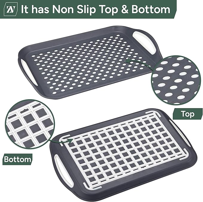 Zuvo Anti-Slip Food Serving Tray with Handles (Set of 2) – BPA-Free Plastic, Lightweight & Durable – Non-Slip Couch Trays for Eating & Drinks (Grey)