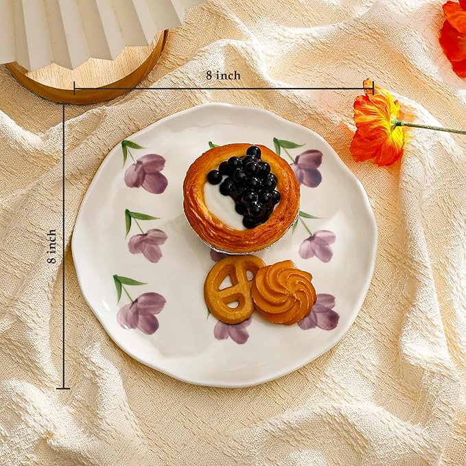 Koythin Floral Ceramic Dinner Plates, 8" Microwave Safe Dishes for Pasta, Modern Rustic Appetizer Plate for Salad Fruits Dessert Cake (Purple Tulip)