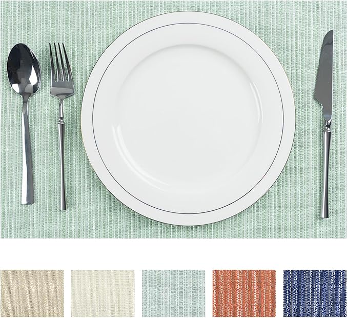 AHHFSMEI Placemats for Dining Table Set of 6 Woven Vinyl Plastic Place Mats Non-Slip Heat Insulation Stain Resistant Table Mats Washable Easy Clean Placemats (Multi Green)