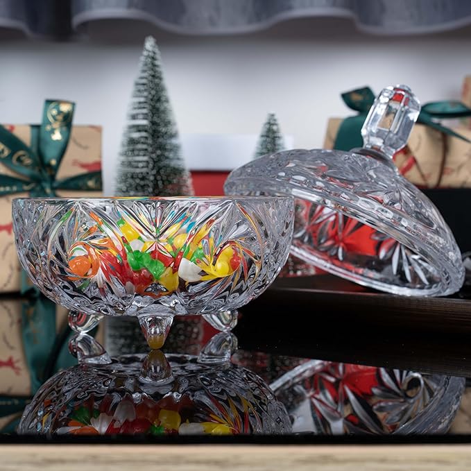Cystone 27oz Large Glass Candy Dish with Lid, Crystal Candy Bowl, Embossed Decorative Storage Jar for Office Desk, Jewelry Box, Biscuit, Christmas, Wedding, Birthday Gift