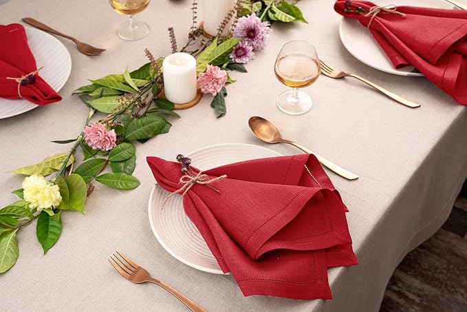 D'Moksha Homes Bright Red Linen Napkins Set of 4 - Classic Hemstitch 100% Pure Linen Hemstitch Dinner Napkins 20 x 20 Inch for Winter, Christmas, Holiday, New Year - Handcrafted and Machine Washable