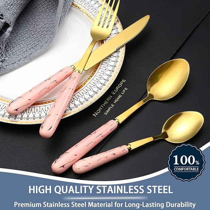 24 Pieces Flatware Set, Stainless Steel Cutlery Set with Silverware Holder, Modern Gold Silverware Set Includes Dinner Knives Forks Spoons,Hanging Silverware Set Service for 6 (Pink Gold)