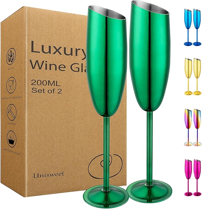 Champagne Flutes Set of 2, Premiumty Stainless Steel High Footed Champagne Glasses, 7oz Capacity,Unbreakable Slanted Champagne Glasses