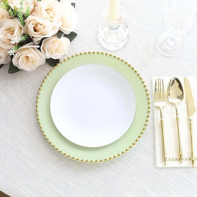 10" Dinner Plates - Set of 30 - Plastic Sage Green/Gold Round Disposable Plate Beaded Rim, Ideal for Decoration Party Wedding Bulk Events