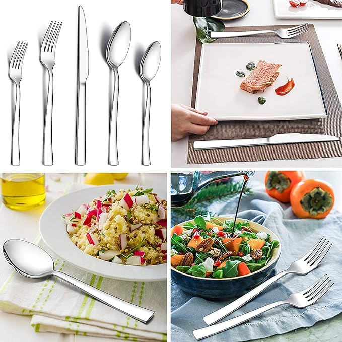 LIANYU 60-Piece Silverware Set, Stainless Steel Square Flatware Cutlery Set for 12, Eating Utensils Tableware, Mirror Finish, Dishwasher Safe