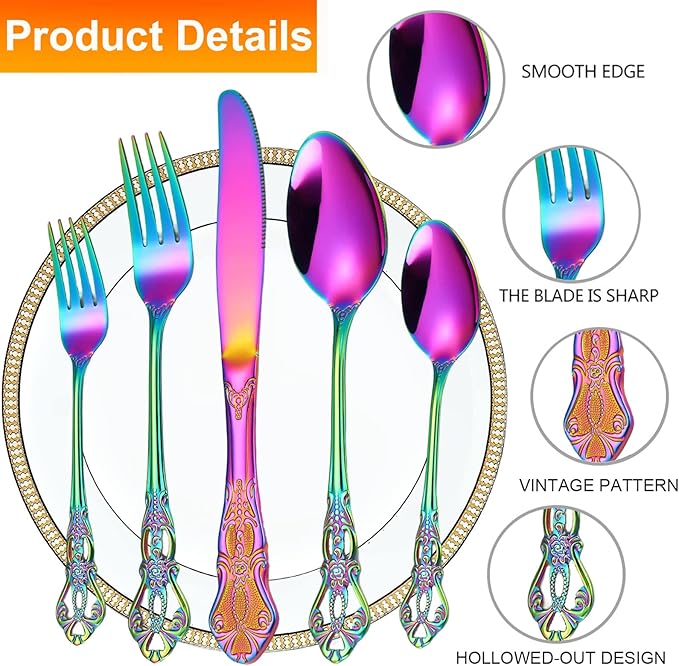 Vilihkc Gorgeous Retro Royal Stainless Steel 5 Pieces Flatware Set, Silverware Set, Anti-rust Stainless Steel Cutlery Set Utensils Including Fork Spoon and Knife