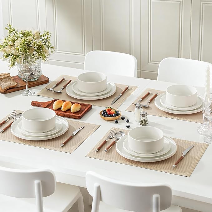 12 Piece Ceramic Dinnerware Set for 4, Modern Minimalist Stoneware Dinner Plates and Bowls, Microwave Safe, Dishwasher Safe, Versatile for All Seasons, Matte White