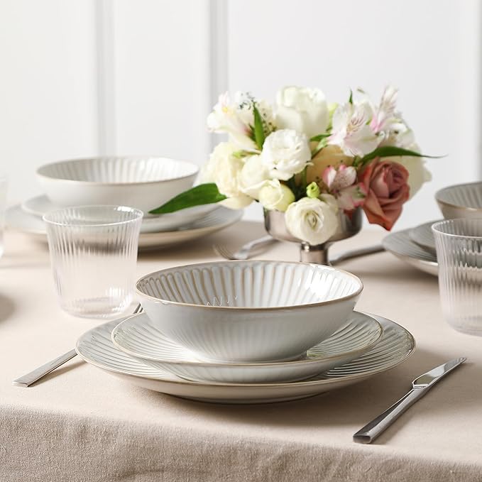 Stone Lain Linea 32-Piece Dinnerware Set Stoneware, Soda Lime Glass, White