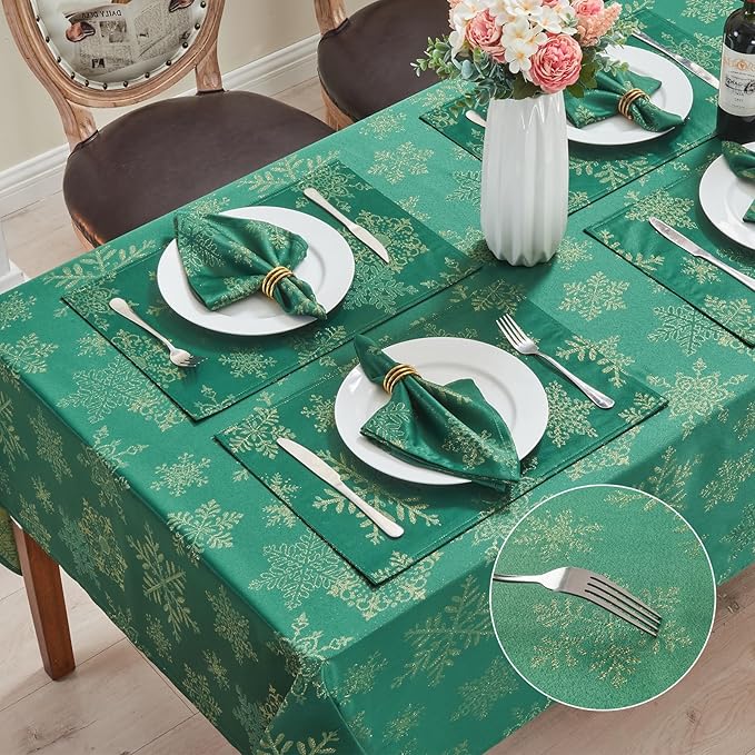 Rectangle Fancy Metallic Sparkling Snowflake Christmas Fabric Table Cloth red Hunter Gold Navy White Silver No-Iron Soil Resistant Woven Holiday Table Cover(Hunter Gold/60x144Inch)