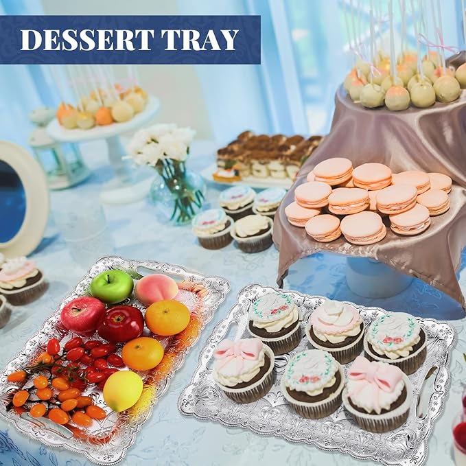 LemonRoad 6 Packs Plastic Silver Serving Trays with Handles 17 x 11 Inch Retro Vintage Embossing Rectangle Reusable Party Snack Decorative Serving Trays for Tea Coffee Fruit Dessert
