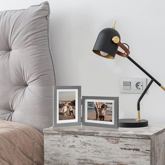4x6 Double Hinged Picture Frame Folding Photo Frame Vertical and Horizontal in White Pine Wood with Real Glass for Tabletop P-BAI-SH46