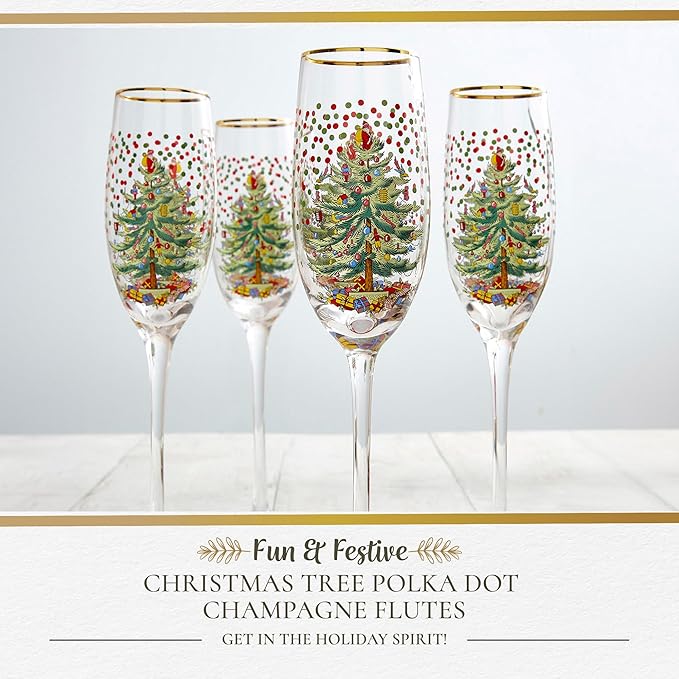 Spode Christmas Tree 8.45 Fl. Oz. Footed Champagne Flute (Set of 4), Polka Dot - Sparkling Wine Glasses for Holiday Celebrations - For Wedding Toasting Flutes & Prosecco Glasses