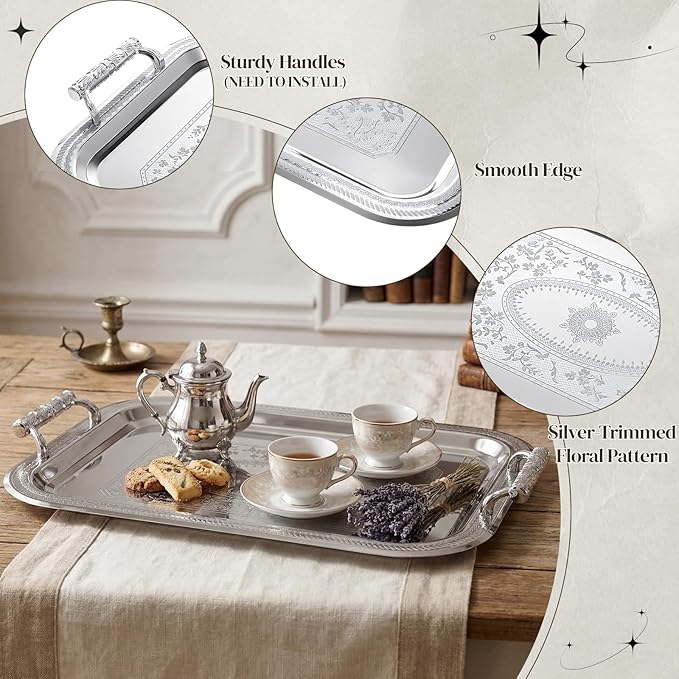 4 Pack Stainless Steel Serving Tray with Handle, 16 x 11.4 Inch Large Silver Plate Elegant Floral Metal Platter Tableware for Buffet Wedding Birthday Decorative