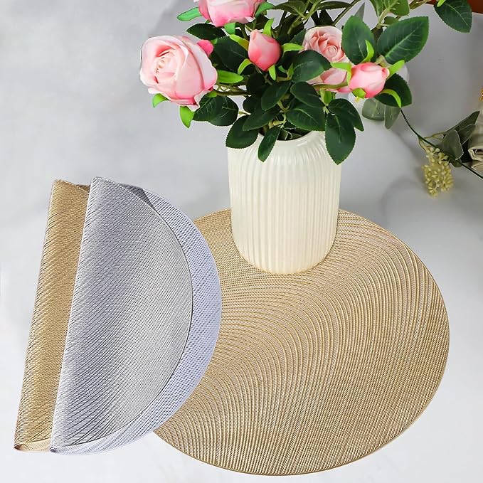 FAVE Golden Round Placemats Vinyl Slip Resistant Table Mats Set of 6 Washable Vinyl Hollowout Textures Placemats for Dining Table Durable PVC Table Mats（15 x15,Gold）