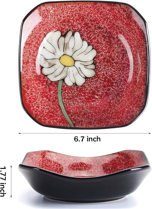 Porcelain Square Dessert Salad Pasta Plates 6.7 inches ceramic plates set of 4 Stackable Dinner Plates for Steak, Pasta, Salad,Dessert，Microwave and Dishwasher Safe (4 colors, 6.7 Inch)