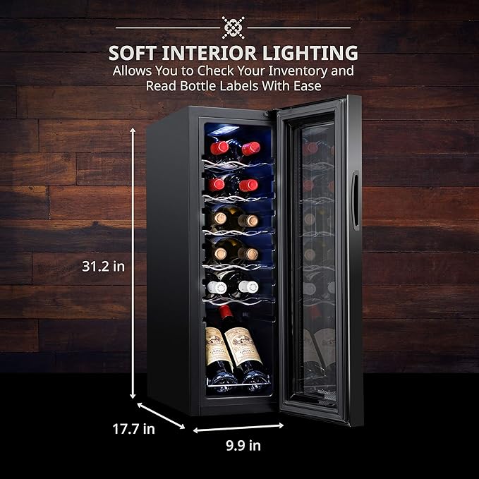 Ivation 12 Bottle Compressor Wine Cooler Refrigerator w/Lock, Large Freestanding Wine Cellar Fridge, 41f-64f Digital Temperature Control Glass Door Black
