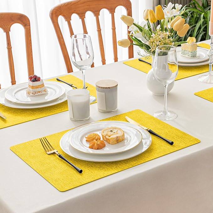 Romanstile Vinyl Placemats Set of 8-12 X 17 Inch - Faux Leather 100% Waterproof Oil-Proof Wipeable Place Mats, Heat Resistant Reversible PU Table Mats for Kitchen Dining Party Outdoor, Yellow