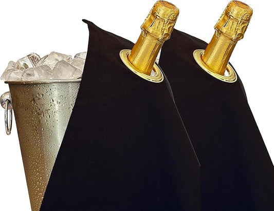 Classic Collection, Bottle Cloth with Metal Ring for Ice Buckets, Cotton, 42 cm, Corner Hole (Black with Gold Metal Ring, Pack of 2)