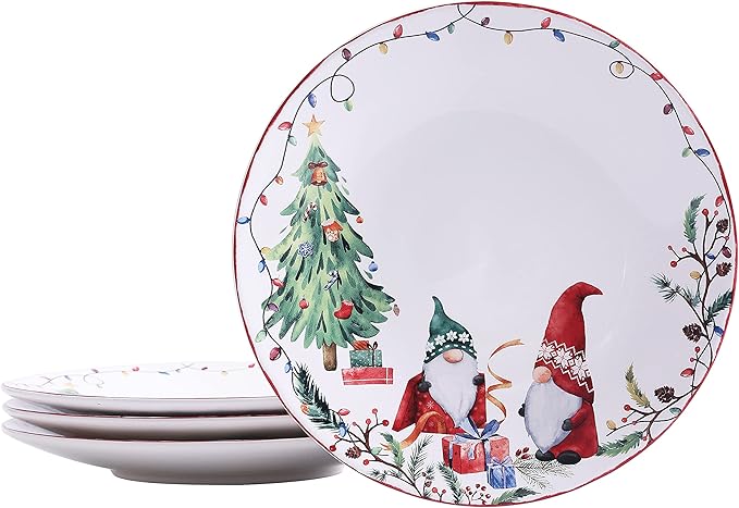 Bico Christmas Gnomes Dinner Plates Set of 4, 11 Inch Large Ceramic Plates for Pasta, Steak, Stylish Serving Dishes, Microwave and Dishwasher Safe, Gift for Housewarming and Christmas