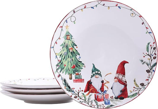 Bico Christmas Gnomes Dinner Plates Set of 4, 11 Inch Large Ceramic Plates for Pasta, Steak, Stylish Serving Dishes, Microwave and Dishwasher Safe, Gift for Housewarming and Christmas