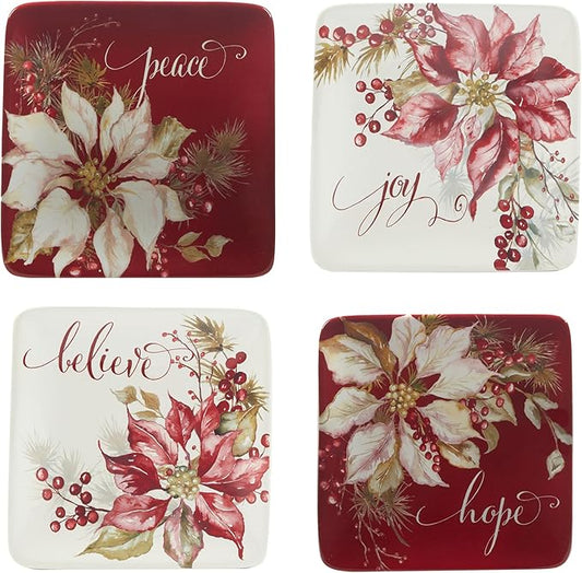 Certified International Winters Joy 6" Luncheon/Canape Plates, Set of 4 Assorted Designs, Multicolor, Small