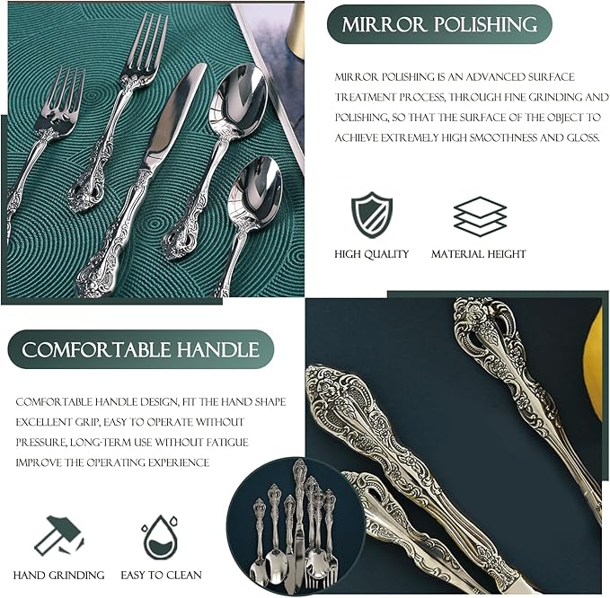 10-piece michelangelo flatware set,luxury silverware set, 18/10 stainless steel flatware cutlery set for dinner,daily use or candlelight dinner,dishwasher safe