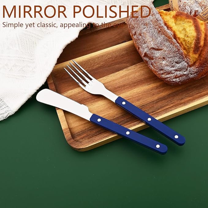 20 PCS Stainless Steel Flatware Set for 4, Silverware Set with Colored Handles, Retro Style Forks Spoons and Knives Set, Vintage Eating Utensils, Blue Acrylic Handle with Rivets Design