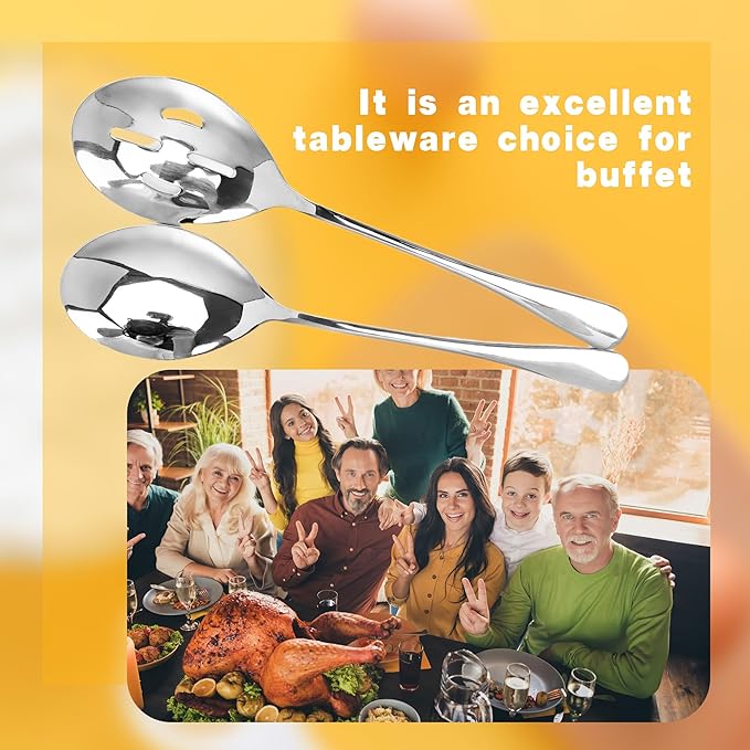 12 Pcs Stainless Steel Serving Spoon Set Including 6 Large Slotted Spoons 6 Serving Spoons Silver Utensils Cutlery Set for Kitchen Buffet Hot Pot Party, 9.9 Inch