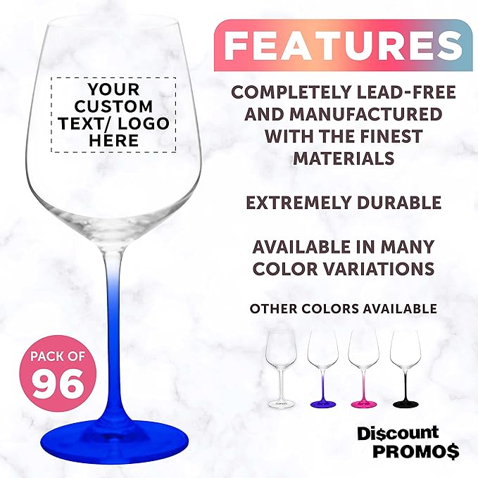 Custom Free Crystal Wine Glasses 17.5 oz Set of 96, Personalized Bulk Pack - Restaurant Glassware, Perfect for Red Wine or White Wine - Blue