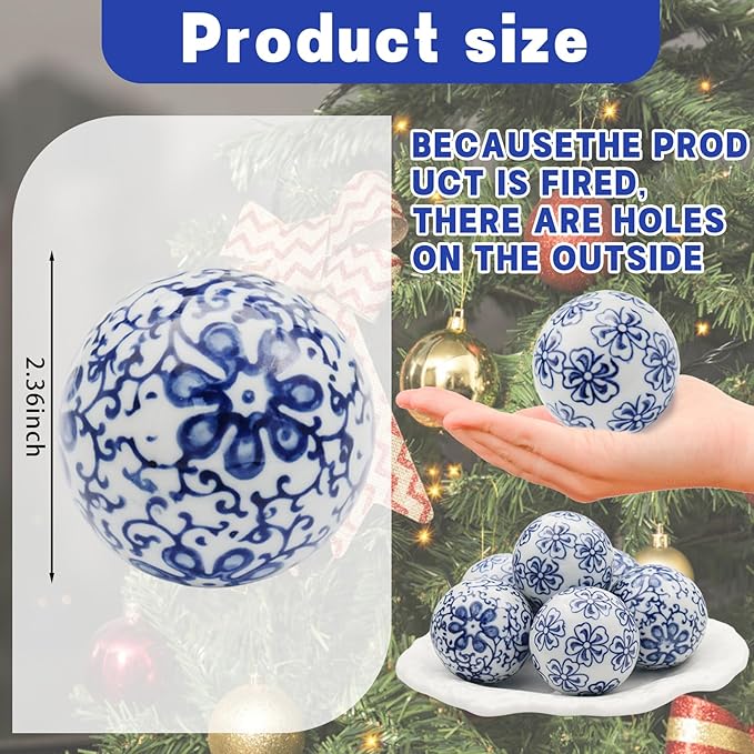 6 Pc Decorative Blue Balls Chinoiserie Ball Ceramic Orbs for Centerpiece Bowls Tray Bowl Basket Gifts for Vases Dining Table Christmas Halloween Wedding Party Decoration(B)