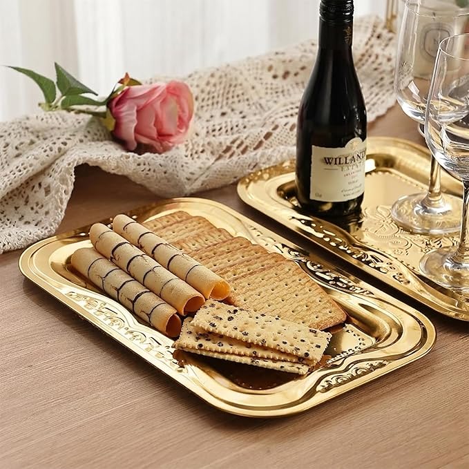 4-Pack Gold Serving Trays Set - ZENOVLUX Lightweight Bow Floral Engraved Mirror Decorative Tray, 13.8" x 8.7" Party Platters for Easter, Food, Appetizer, Charcuterie, Cookies, Desserts