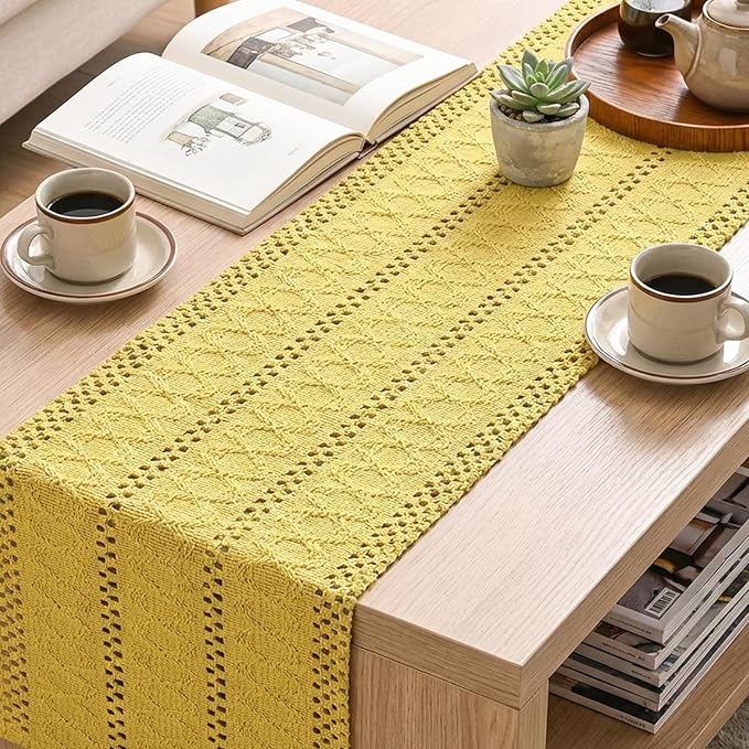 Artoid Mode Yellow Farmhouse Woven Rustic Hollow Table Runner, Seasonal Holiday Hollow Kitchen Dining Table Decoration for Home Party Decor 12x72 Inch
