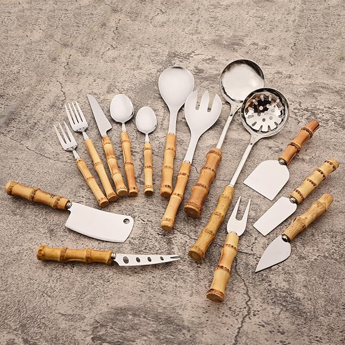 6-Piece Bamboo Silverware Set, Stainless Steel Flatware Hostess Serving Set Bamboo Utensils Tableware Set for Home Camping Travel Hotel - 2pcs Soup Spoon and 2pcs Slotted Spoon