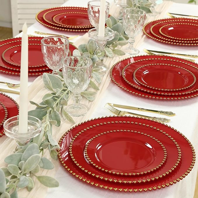 8" Salad Plates - Set of 20 - Plastic Red Round Disposable Dessert Appetizer Plate with Gold Beaded Rim, Ideal for Dinner Party Wedding Bulk Events