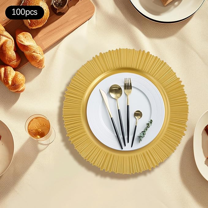 100 Pcs Antique Charger Plates Bulk 13 Inch Embossed Rim Plastic Party Dinner Plate Chargers Round Decorative Server Plate for Wedding Party Event Tableware (100pcs-gold1)