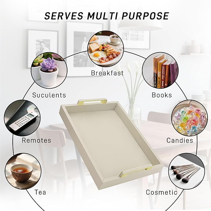 Decorative Tray for Coffee Table, Serving Tray with Handles for Ottoman, 16"x12" Large Rectangular Tray Leather Serving Trays for Home Decor, Living Room, Kitchen, Bedroom - Cool Gray