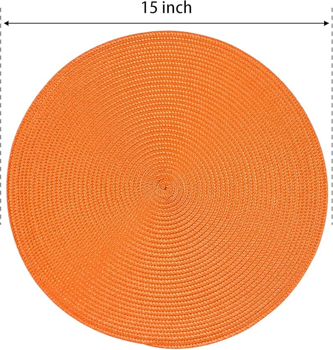 FunWheat Round Braided Placemats Set of 4 Table Mats for Dining Tables Woven Washable Non-Slip Place mats 15inch (Orange, 4pcs)