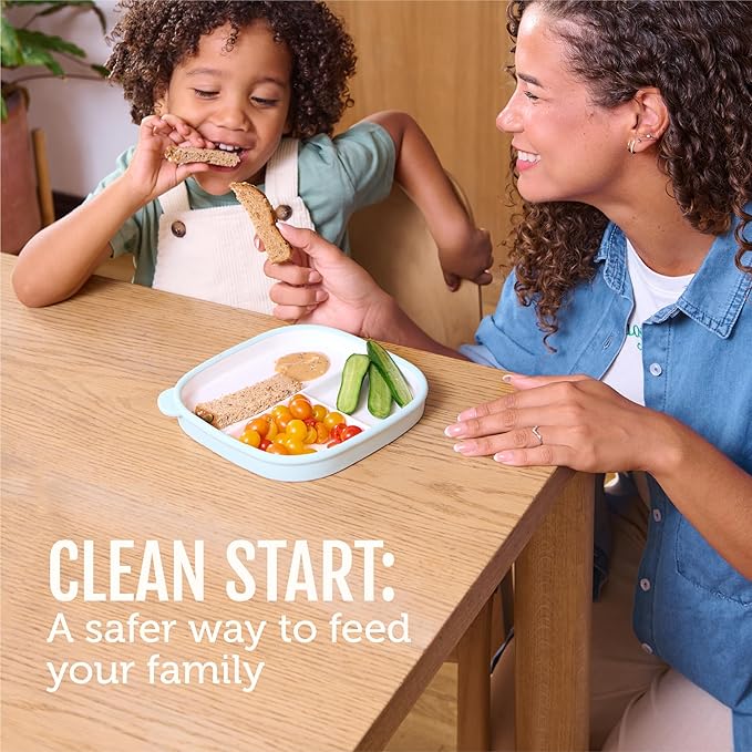 Ello Clean Start Toddler Breakfast Plate 2 Pack | BPA-Free Ceramic Plates with Divider & Silicone Sleeve for Babies/Toddlers| Microwave & Dishwasher Safe | High Chair Friendly | Dewdrop/Sugarplum
