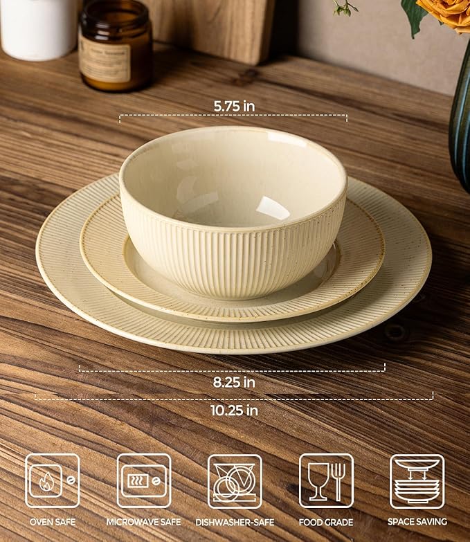 TheTerra Stoneware Dinnerware Sets for 6, 18 Pieces Ceramic Plates and Bowls Sets, Scratch Resistant Embossed Dish Set, Oven, Microwave & Dishwasher Safe, Cappuccino